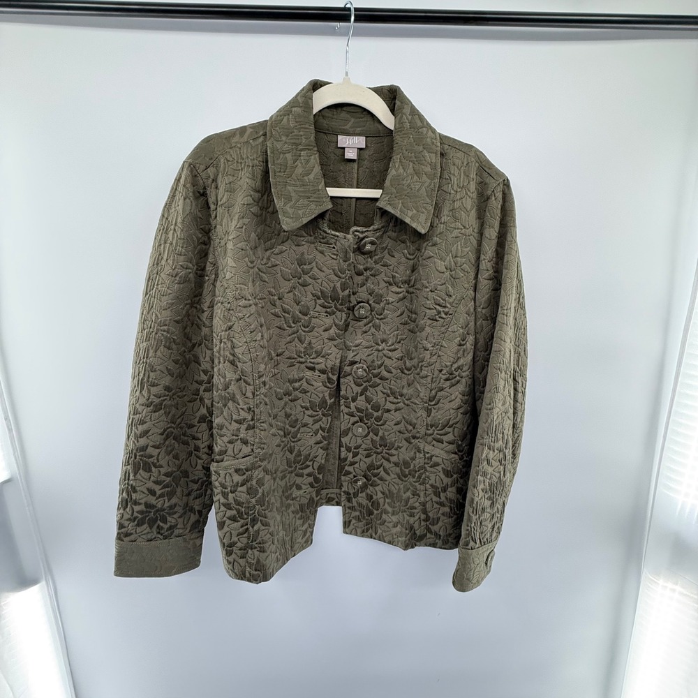 J.Jill XL Textured Floral Jacket‎ Olive Green Cotton Blend Button Front